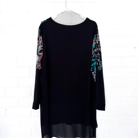 Chico's Size 3 Black Semi Sheer Bohemian Top Chiffon Multicolor Floral Chicos XL - Picture 6 of 6